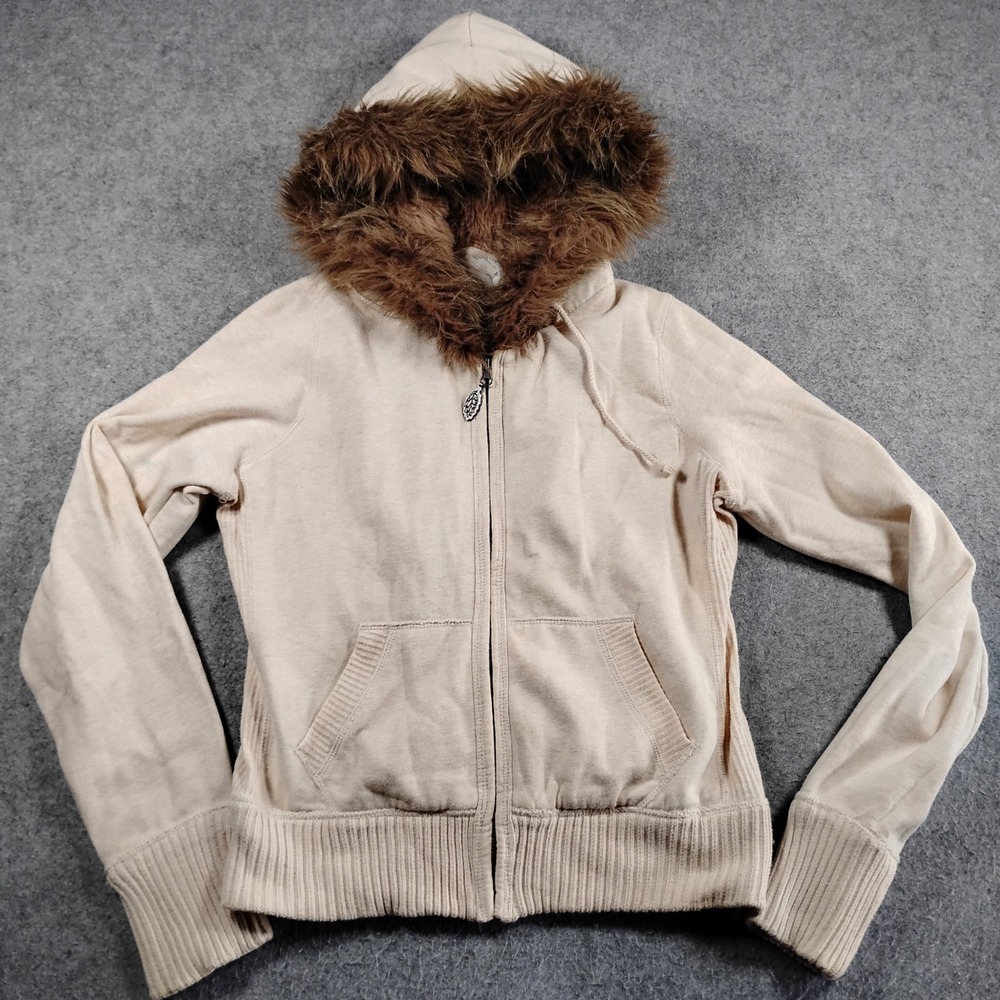 BB Dakota Womens Cream Faux Fur Trim Full Zip Hoodie Y2K Fairycore L‎